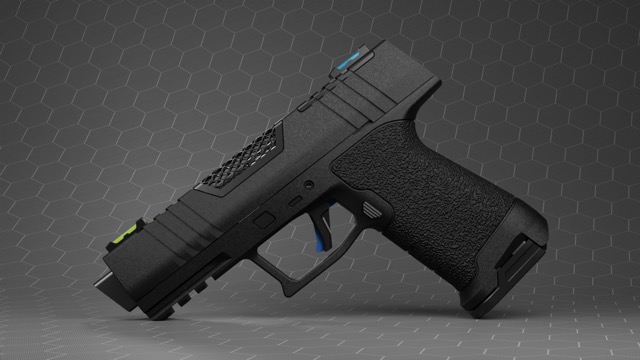 The most common configuration of the weapon, with black polymer frame and slide, a standard magazine, and fiber-optic sights.