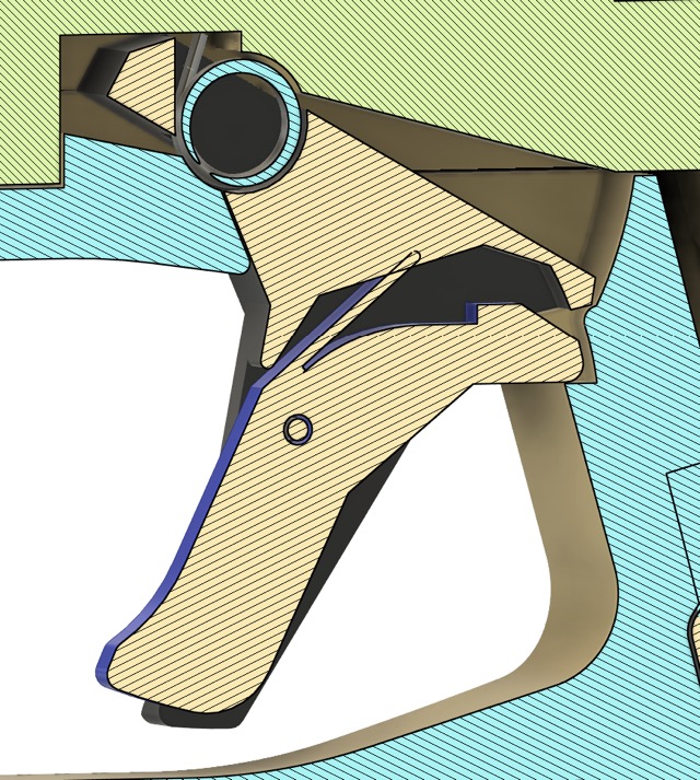 I spent way too much time designing real moving parts with the intent of building a physical prop.  The trigger safety shown here is near-identical to the mechanism in a real Glock handgun.