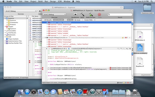 A different backup of Espresso's source code was already using a newer dialect of Objective-C than this ancient version of Xcode supports.
