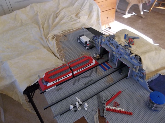 The completed rail site, with a bedsheet used to portray the distant sand dunes.