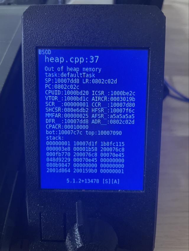 A freak software crash on my Prusa Mini.  Its firmware was advanced enough to actually show a BSOD instead of just freezing or resetting itself. (2024)