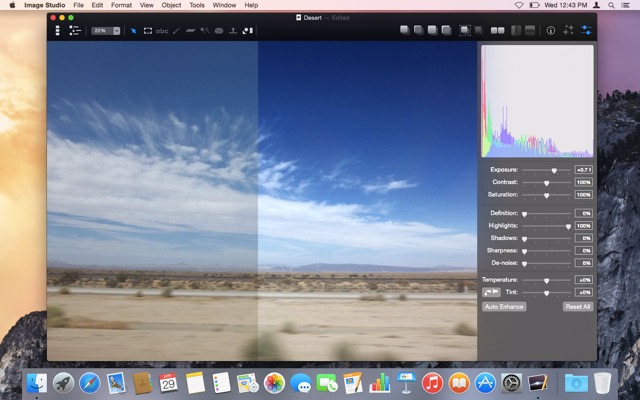 Color adjustments and a gradient to darken the sky, applied to half the image to create a before-and-after comparison.