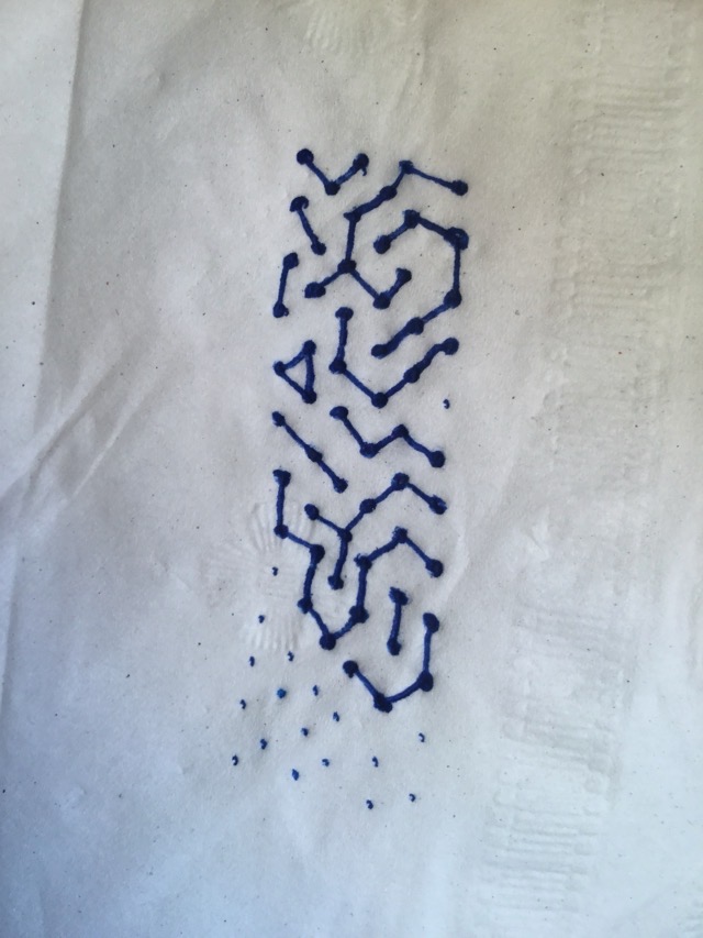 The game of dots, played on a restaurant napkin, that inspired my early visual identity.